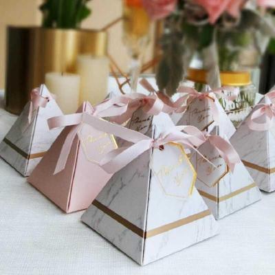 China Recyclable Marble Pattern Triangular Pyramid Shape Design Gifts Boxes Chocolate Box Wedding Birthday Gift Candy Boxes With Ribbon for sale