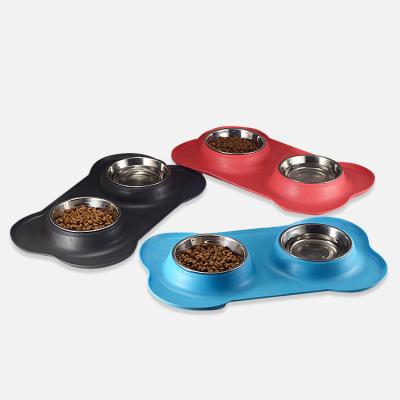 China 2022 Non-automatic Non-slip Silicone Mat Feeder Double Pet Bowl Folding Bowls Stainless Steel Cat Dog Pet Bowl Feeding For Pet for sale