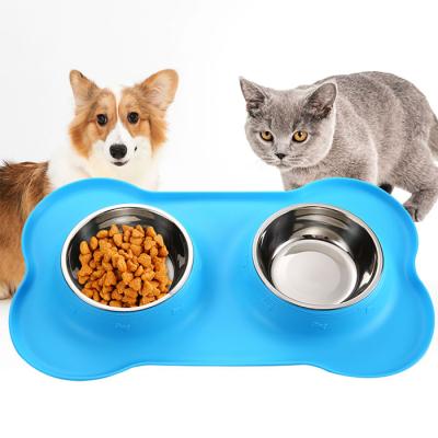 China Wholesale Non-automatic Pet Food Non-Slip Bowl Dish Stainless Pet Cat Dog Pet Feeding Double Bowl With Rubber Base for sale