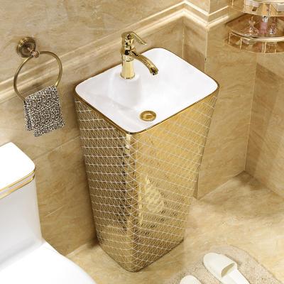 China Easy Clean Sanitary Ware Washing Gold Rectangular Ceramic Pedestal Wash Basin for sale