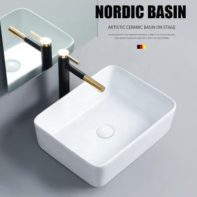 China Rectangular White Color Art Basin Table Top Bathroom Sink Ceramic Countertop Hand Basin Rectangular White Sink for sale