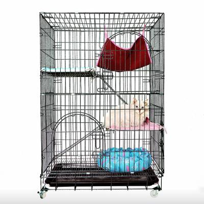 China Factory Custom Viable Large Three Layer Pet Villa Cat Cage Black Silver Metal Cat Hose Foldable Cat Cage with 3 Sizes for sale