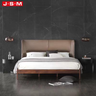 China Durable Double Bedroom Furniture Modern Wooden Bed With Fabric Headboard for sale