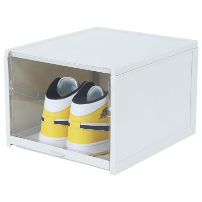 China 2022 New Design Minimalist Sneaker Display Cases Black Clear Door Storage Shoe Box Plastic Stackable With Drawer Handle for sale