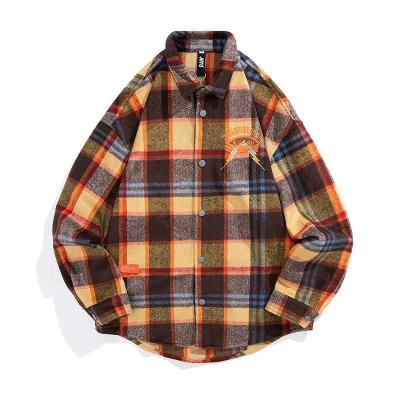 China Anti-Shrink New style plaid shirt men's loose fashionable brand eyeball embroidered long-sleeved shirt men's and women's Cardigan Jacket for sale