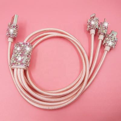 China Rose Gold Bling Nylon Braided Rhinestone 1M Micro USB Type C 3 in 1 Diamond Rhinestone Cable Charger For iPhone for sale