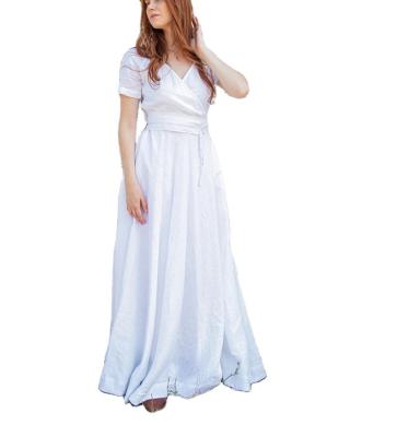 China 2023 Autumn Hot Sale New Detachable Anti-static Blue White Style V-Neckline Belt Maxi Popular Canvas Dress For Women for sale