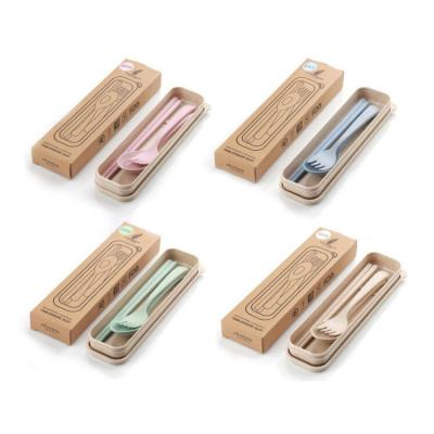 China Viable Eco-Friendly Colorful School Plastic Cutlery Set Biodegradable Wheat Straw Spoon Fork Knife With Camping Box for sale