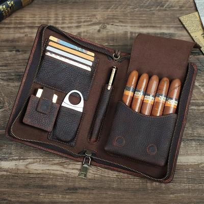 China Other Logo Custom Embossed Luxury Genuine Leather Cigar Case Bag Lighter Cutter Portable Travel Cigar Case Cigars Humidor Tube Holder for sale