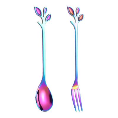 China Single Viable Leaf Shape Stainless Steel Drink Coffee Tea Spoon Fork Set For Gift Souvenirs for sale