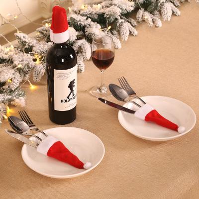 China 2021 Brushed Cloth Mini Hat For Fork Pockets Knife Holder Bag Mini Santa Red Hat Christmas Wine Bottle Covers For Christmas Table Party Decor for sale