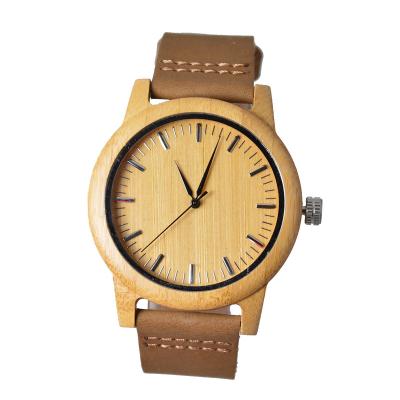 China Full Face Natural Wooden Leather Band Design Calendar Movement Fashion Japanese Quartz Wrist Watch for sale