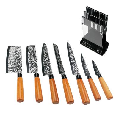 China Sustainable High Quality Wooden Handle 7pcs Stainless Steel Kitchen Knife Set With Acrylic Holder for sale