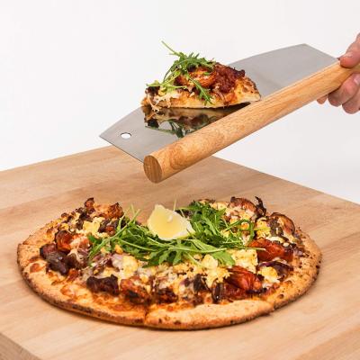 China Sustainable Home Baking Stainless Steel Pizza Cutter Pizza Blade Pizza Slicer Rocker With Wooden Handle for sale