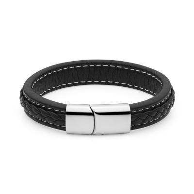 China Customized Black Braided Stainless Steel Men Bracelet Personality Carved Stainless Steel Bracelet Woven Men Leather Bracelet for sale