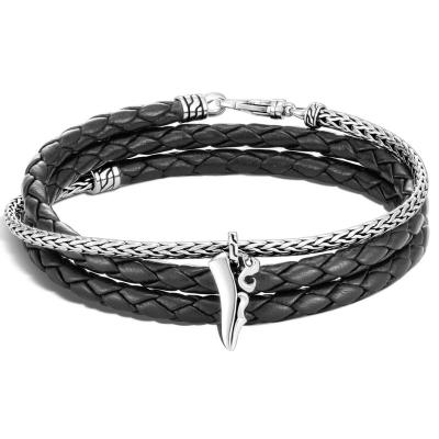 China Other Simple Triple Steel Bangle Classic Sterling And Black Leather Stainless Fashion Wrap Titanium Steel Bracelet for sale