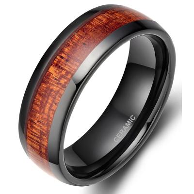 China Inlay Titanium Wood Ring 8MM KOA Stainless Steel Ring Black Gun Plating Stainless Steel Jewelry Koa Wood Inlay Ring for sale