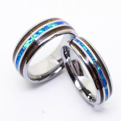 China Ring Wholesale Hawaiian Jewelry Inlay Tungsten Wood Ring Blue Opal Inlay Tungsten Ring 6MM 8MM Koa Wood KOA for sale