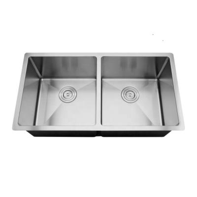 China Without Faucet Small Radius Handcrafted Stainless Steel Kitchen Sink Compensate Double Bowl 3219BL-RD for sale