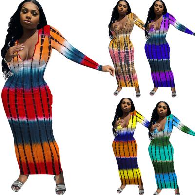 China 2021 New Arrivals Anti-Static Sheath Long Maxi Dress Casual Fashion Print Autumn Tie Dye Tight Dress for sale