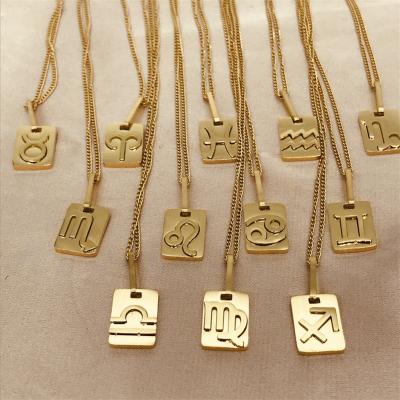 China Other New 2021 Gold Plated Stainless Steel Square Engraved 12 Zodiac Sign Horoscope Astrology Pendant Necklaces For Women for sale