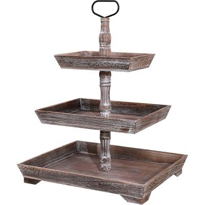 China Eco-Friendly Custom Rectangular Tiered Wooden Tray Serving For Dessert Vintage Rustic Wooden 3 Tier Tray for sale