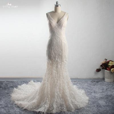 China New Design LZ288 Anti-Static Light Champagne Mermaid Wedding Dress Beaded Feathers Sleeveless Wedding Dress for sale