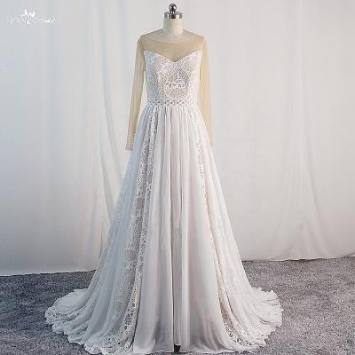 China LZ463 Anti-Static Ivory Lace O-neck Vintage Bohemian Wedding Dresses Long Beach Backless Dress Buttons Beads Custom Size for sale