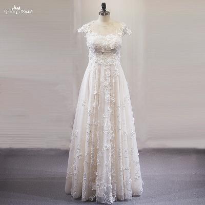 China Custom Made LZ471 O Neck Wedding Dress Lace V Back Anti-Static Ivory Bohemian Romantic Beach Dress Soft Tulle Dresses Long A Line for sale