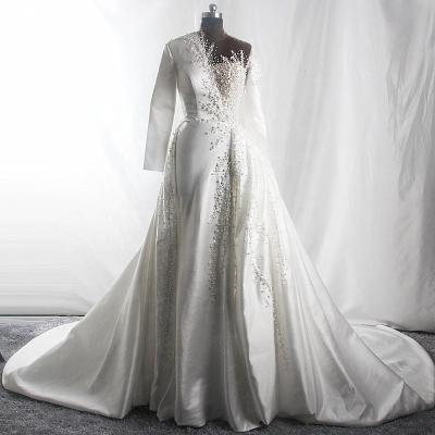 China RSW1723 Luxury Anti-Static Beads Beaded Satin Fabric Detachable Train Long Wedding Dress for sale