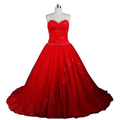 China LZ171 Red Graceful Anti-Static Lace With Shiny Soft Fluffy Crystal Wedding Dresses Sweetheart Sleeveless Tulle Wedding Dresses for sale