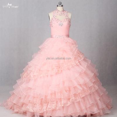 China LZ210 Anti-Static Colored Sparkly Crystal Lace Ruffle Fluffy Wedding Dresses High Neck Pink Sleeveless Bridal Gowns for sale