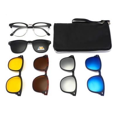 China PC TR90 Night Vision Driving Sun Glasses 5 In 1 Magnetic Polarized Clip On Sunglasses With Leather Bag Sun Glass Set for sale