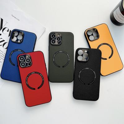 China Shockproof Carbon Fiber Magnetic Case For iPhone Full Leather Case Protection Against Luxury Drop Shell For iPhone 14 Full Max Stand for sale