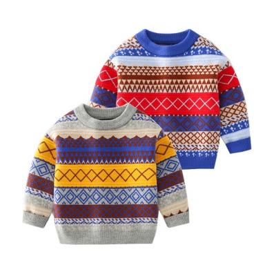 China Retro Style Round British Boy's Pullover OEM Custom Kids Sweater Striped Top Fashionable British Neck Color Blocking Sweaters for sale