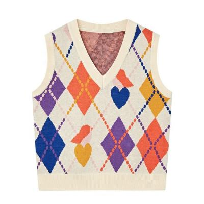 China Custom Girls Anti Shrink Kids Spring And Autumn V Neck Knitted Sweater Vest Plaid Pattern Jacquard Knit Pullovers Sweaters for sale