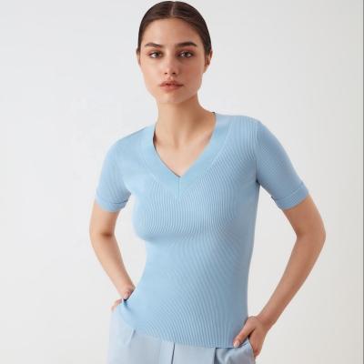 China Anti-Wrinkle Knit New Fashion Women's Slim Knitted T-Shirt Tops Summer Custom Sweater Short Sleeve Women's Top Tight Knitted Sweater for sale