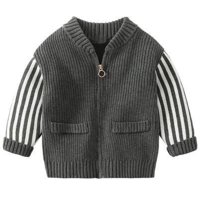 China Wholesale Fashionable British Factory Style Anti Shrink Boy Winter Clothing Striped Full Sleeve Rib Knit Tops O-Neck Zipper Baby Cardigan Sweater for sale