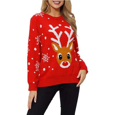 China Anti-Wrinkle Customized 2022 New Winter Warm Ladies Knitted Sweater Casual Round Neck Sweater Deer Pattern Jacquard Christmas Sweater Women for sale