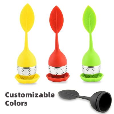 China Sustainable Leaf Shaped Silicone Handle Stainless Steel Tea Infuser Strainer With Tray For Loose Tea for Tea Cups, Mugs, Teapots for sale