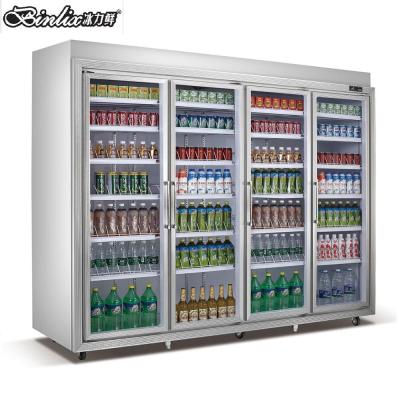 China Single-temperature Upright Commercial Equipment Supermarket Drinking Display 4glass Door Refrigerator Te koop