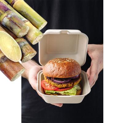 China Recyclable Custom Printed Food Catering Packaging Disposable Biodegradable Sugar Cane Bagasse 6x6 Inch Burger Burger Box for sale