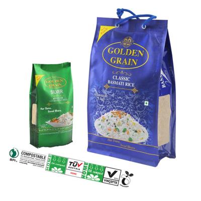 China High Quality Custom Logo Print Eco Compostable 5kg 25kg 50kg Food Grade Biodegradable Rack Up Plastic 8 Side Gusset Rice Packaging Bag for sale