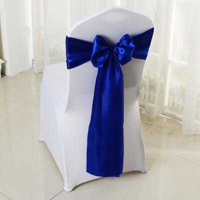 China Hotel Celebration Chair Back Cover Simple Wedding Decoration Sapphire Blue Ribbon for sale