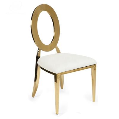 China Popular Gold Wedding Round Hollow Back Stackable And Durable Modern PU Stainless Steel Chair Dining Chair for sale