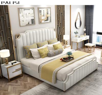 China Modern leather high headboard/King/Queen size bed set sale gold bed set warm soft luxury light luxury view style with high headboard for sale