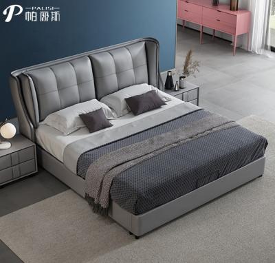 China Modern design & high quality aesthetic bed set with bed Table bedroom furniture top grain upholstery genuine leather comfortable double bed for sale