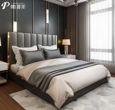 China Hot Sale Post Modern/Nordic Design/King Size /Queen Size Luxury Leather Bed High Headboard Furniture Bed Gold Luxury For Home Customized Color for sale