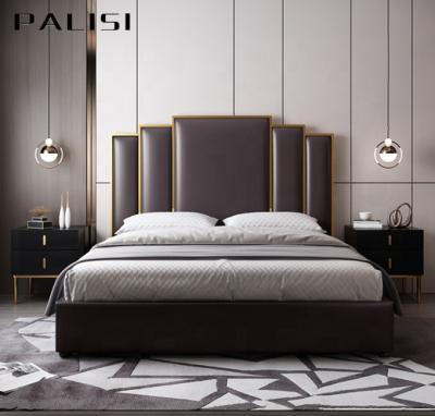 China Modern Barlow Design Bedroom Furniture Set Luxury Leather Brushed Gold Color Bed Headboard Steel Customized Bed High for sale