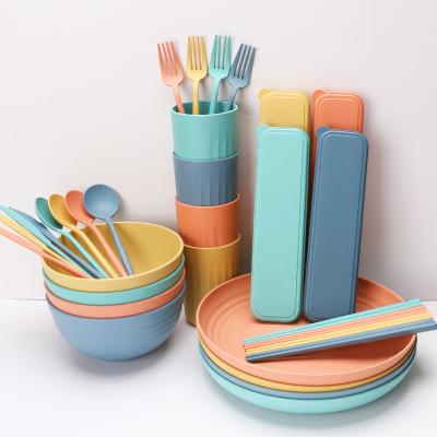 China Viable Colorful Wheat Straw Dinnerware Set Plate Bowel Fork Knife Spoon Cutlery Set Heat Resistance Flatware Set for sale